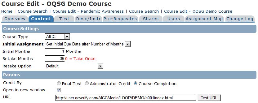 AICC Course Edit screen