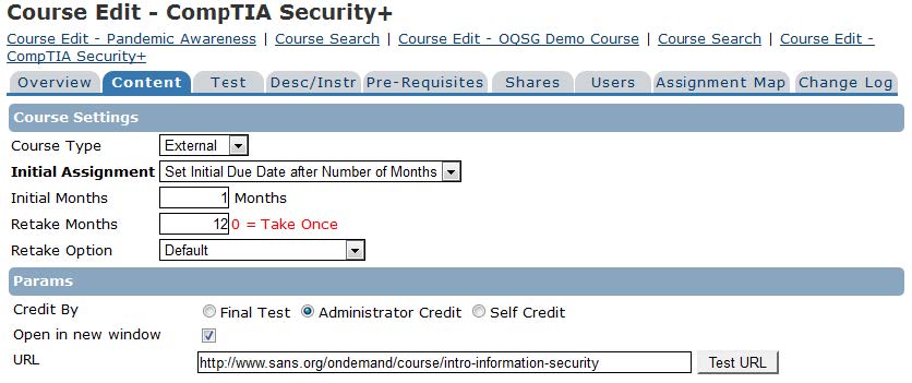 External Type Course Screen